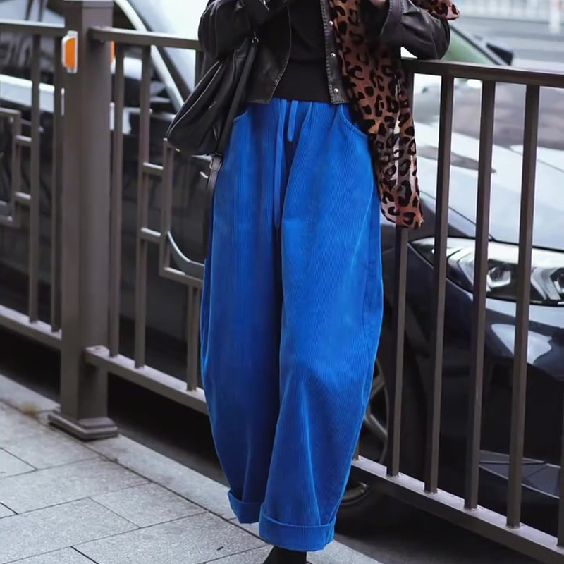 欧货高端定制宝蓝色灯芯绒大码阔腿裤女2025秋冬新款加厚休闲裤子