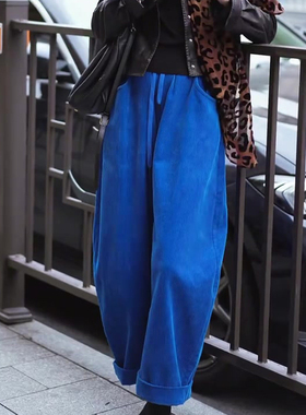 欧货高端定制宝蓝色灯芯绒大码阔腿裤女2025冬季新款加厚休闲裤子