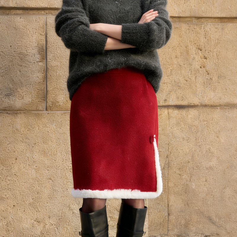 欧货高端定制红色毛呢大码半身裙女2026早春新款毛绒拼接A字裙子,女装/女士精品,大码半身裙,淘宝优惠券,粉丝福利购,淘宝优惠卷