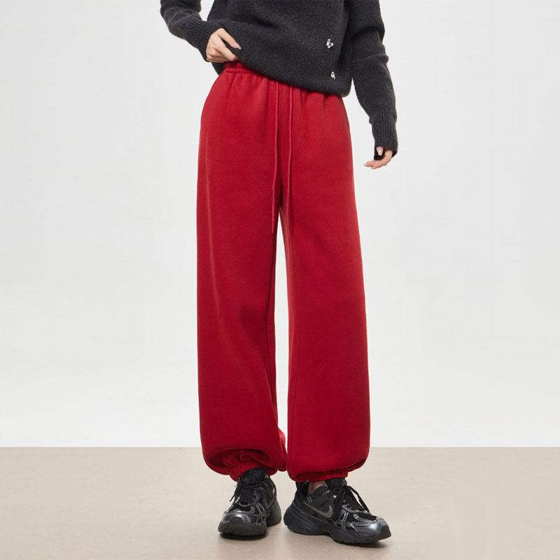 欧货高端定制红色大码阔腿卫裤女