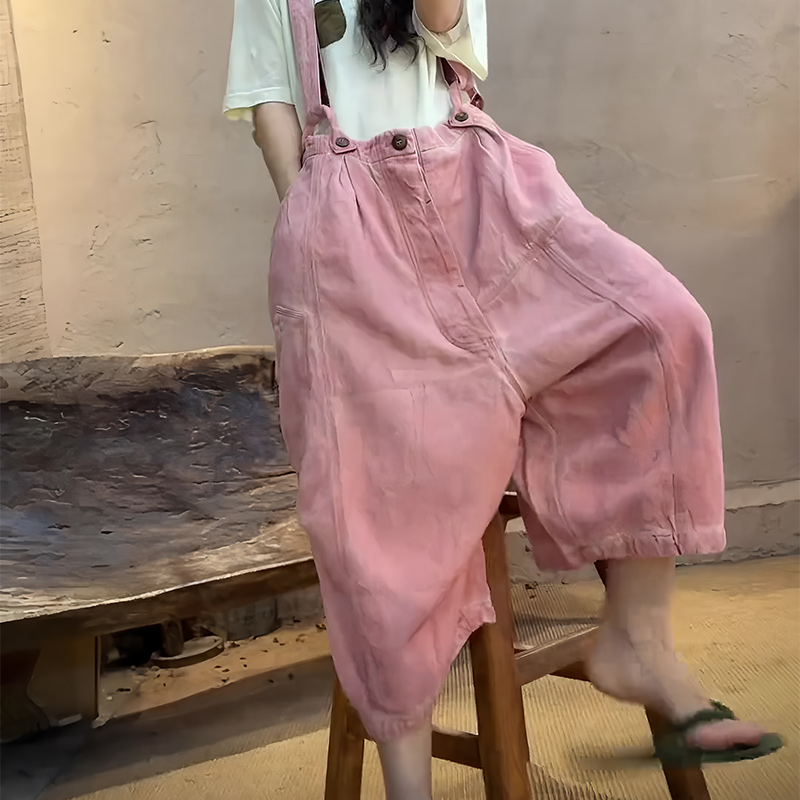 欧货大牌粉红色棉麻吊带八分工装裤女2025年夏季新款休闲风背带裤
