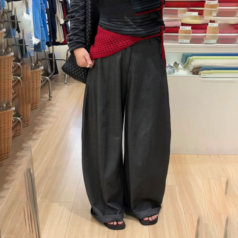 欧货高端定制灰色大码阔腿弯刀裤