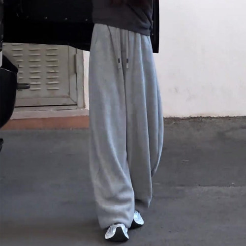 高端定制浅灰色毛呢大码阔腿裤女