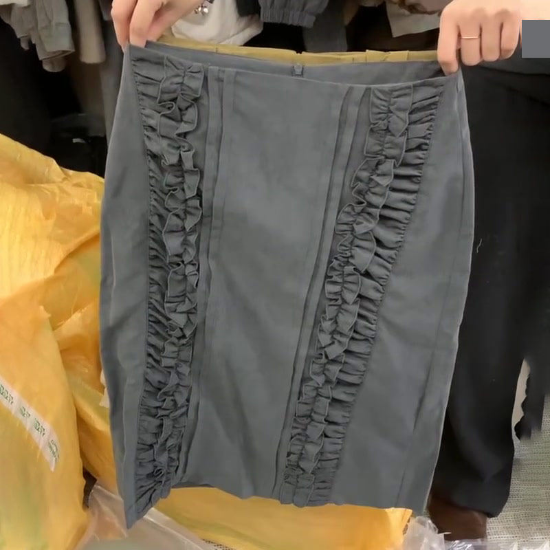 高端定制灰色木耳边大码半身裙女