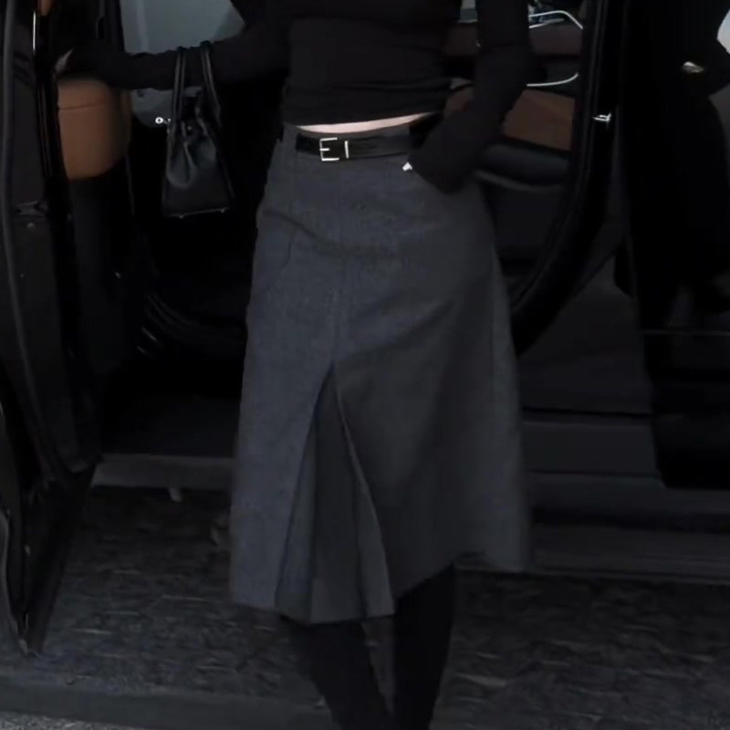 高端定制深灰色毛呢大码半身裙女