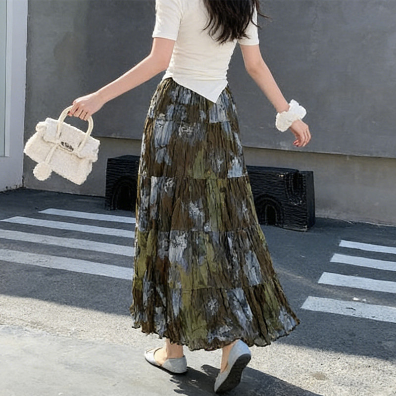 欧货高端定制军绿扎染雪纺大码半身裙女2026早春新款压褶蛋糕裙子,女装/女士精品,大码半身裙,淘宝优惠券,粉丝福利购,淘宝优惠卷