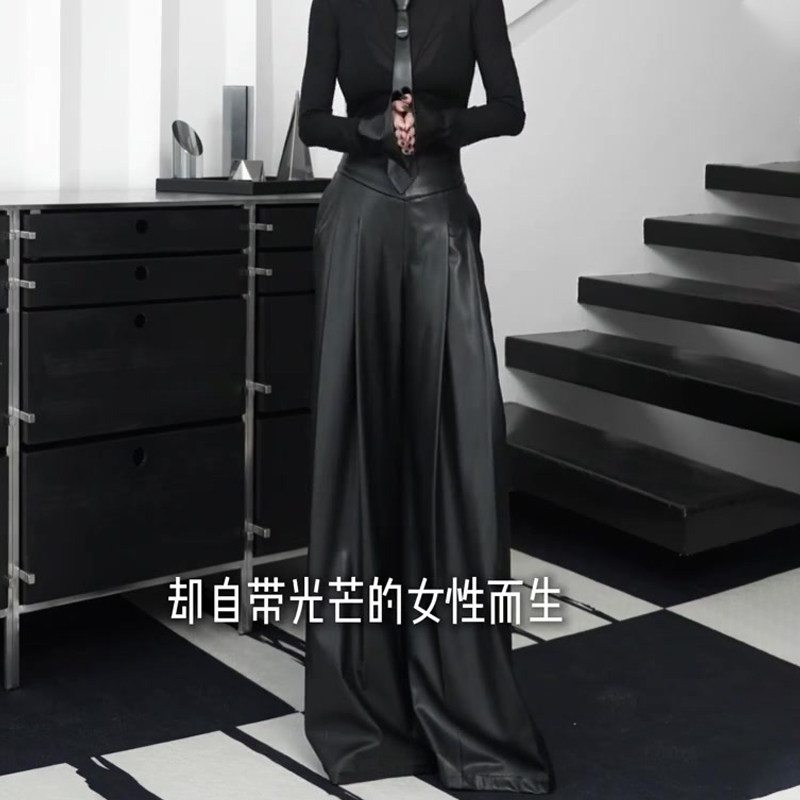 欧货高端定制黑色大码阔腿pu皮裤