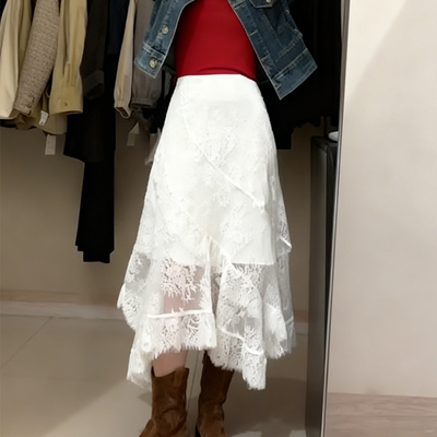 欧货高端定制白色蕾丝大码半身裙