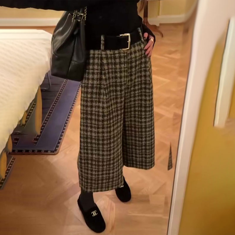 欧货高端定制咖色毛呢格子大码阔腿裤女2025秋冬新款加厚休闲裤子