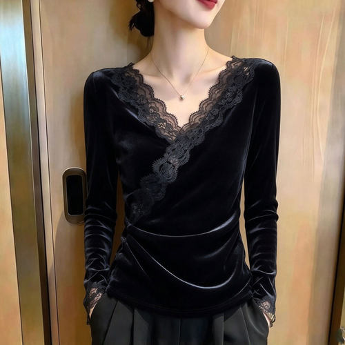 欧货高端交叉V领蕾丝大码上衣女