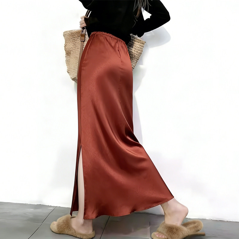 欧货高端定制红色缎面大码半身裙女2026早春新款开叉轻熟风A字裙,女装/女士精品,大码半身裙,淘宝优惠券,粉丝福利购,淘宝优惠卷