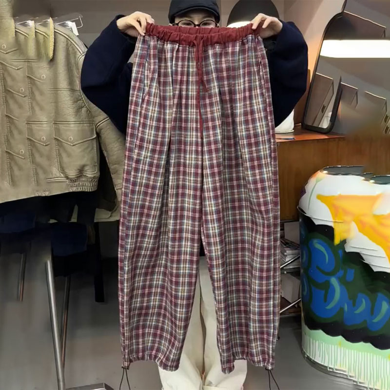 欧货高端定制红色格子毛呢大码阔腿裤女2025秋冬新款加厚休闲裤子