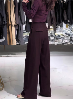 高端定制紫色窄版大码阔腿西装裤女2025冬季新款宽松直筒休闲裤子