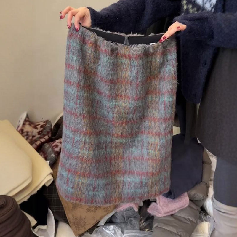 高端定制拼色毛绒大码半身裙女