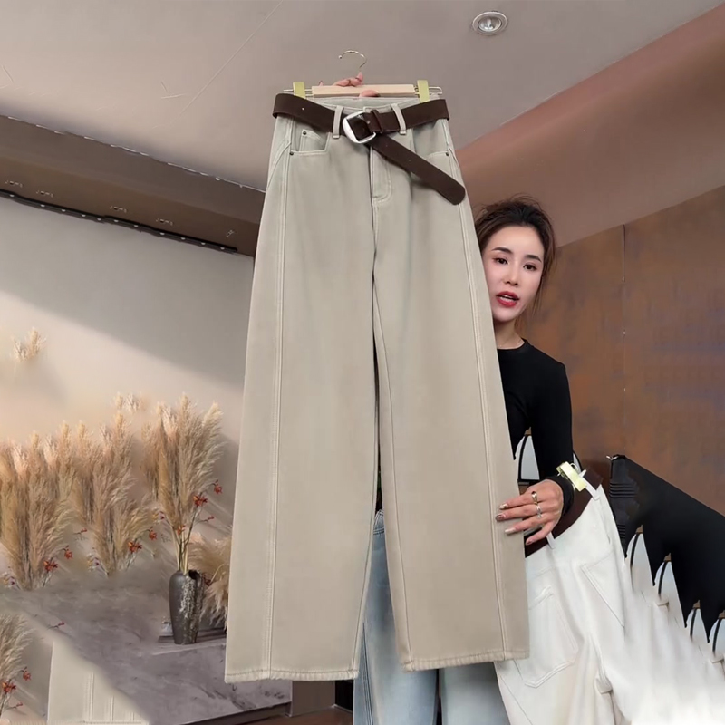 欧货高端定制卡其色灯芯绒大码阔腿裤女2025秋冬新款加厚休闲裤子