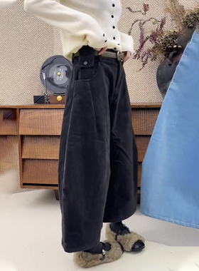 欧货高端定制藏蓝色灯芯绒大码阔腿裤女2025冬季新款加厚休闲裤子