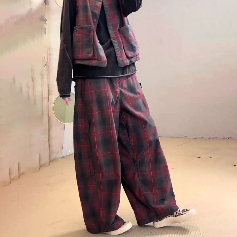 欧货红色格纹大码休闲阔腿裤女