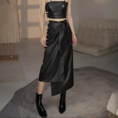 欧货黑色褶皱设计绑带休闲半身裙女2025春季 新款 美煞御姐范开叉裙