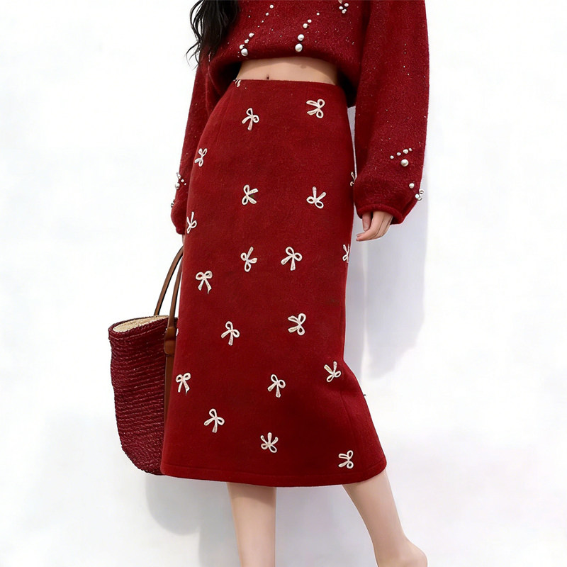 欧货高端定制红色毛呢大码半身裙女2026早春新款蝴蝶结温柔A字裙,女装/女士精品,大码半身裙,淘宝优惠券,粉丝福利购,淘宝优惠卷