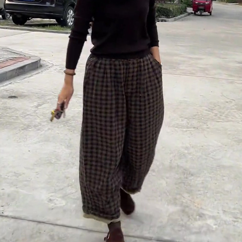 高端定制棕色毛呢大码格子阔腿裤