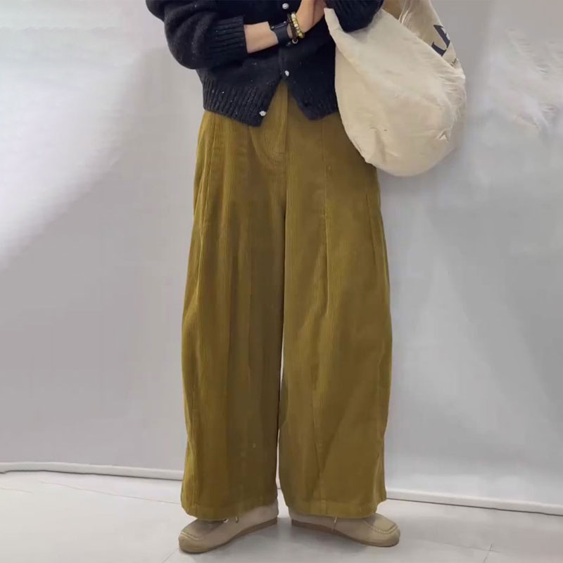 欧货高端定制芥末绿灯芯绒大码阔腿裤女2025秋冬新款加厚休闲裤子