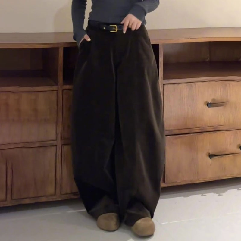 欧货高端棕色灯芯绒大码阔腿裤女