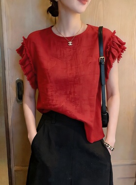 欧货高端定制正红色大码直筒上衣女2026夏季新款轻熟风荷叶边衬衫