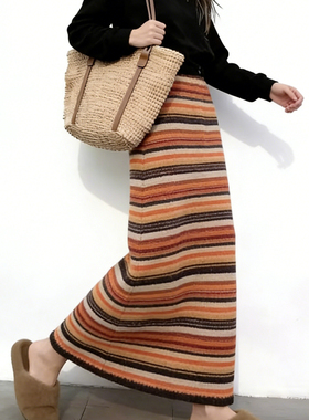 欧货高端定制橙色毛呢大码条纹半身裙女2025冬季新款加厚A字裙子