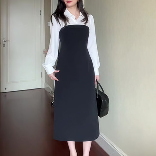 大碼 黑白撞色設(shè)計(jì)感假兩件連衣裙女2025早秋新款 定制高檔大氣裙子