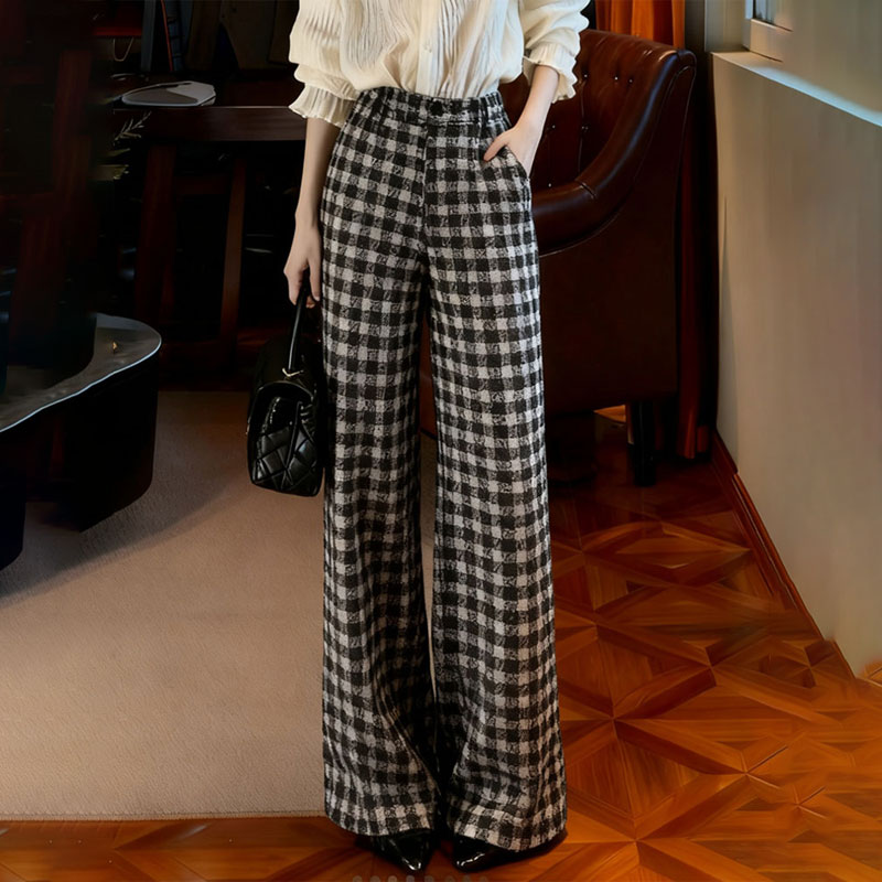 高端定制黑白格子大码阔腿裤女