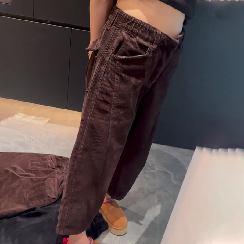 高端定制棕色灯芯绒大码阔腿裤女