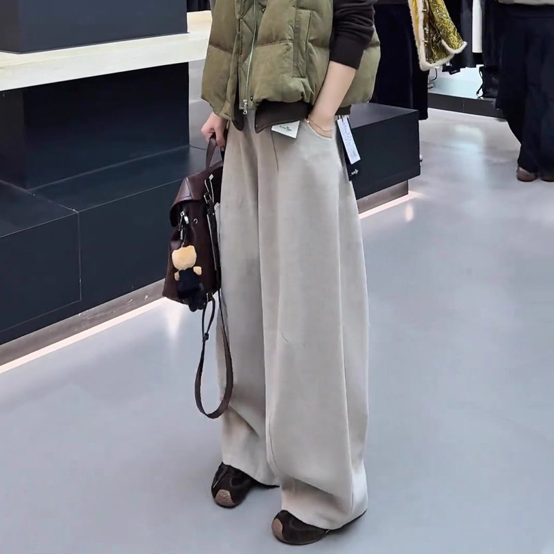 欧货高端定制浅灰色大码阔腿裤女2025冬季新款加厚慵懒风弯刀裤子,女装/女士精品,大码裤装,淘宝优惠券,粉丝福利购,淘宝优惠卷