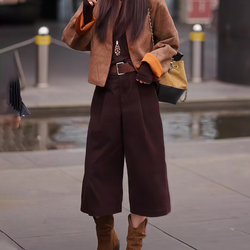 高端定制咖色压褶大码阔腿八分裤