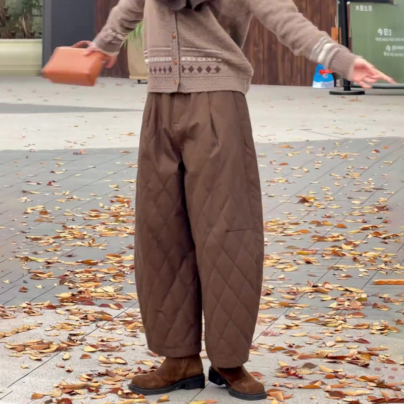 高端定制棕色菱格夹棉大码阔腿裤