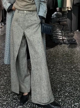 高级灰色不规则设计直筒毛呢裤女2025冬季新款气质小众阔腿长裤子