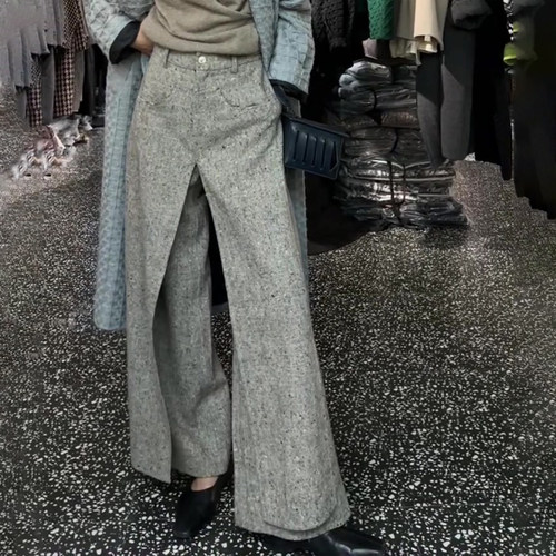 高级灰色不规则设计直筒毛呢裤女