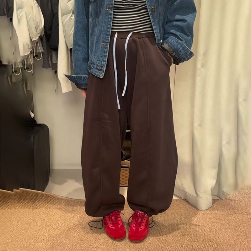 欧货高端定制棕色大码阔腿卫裤女