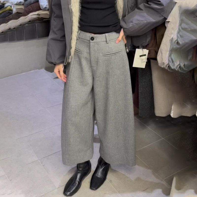 欧货高端定制浅灰色大码毛呢阔腿裤女2025冬季新款加厚慵懒弯刀裤,女装/女士精品,大码裤装,淘宝优惠券,粉丝福利购,淘宝优惠卷