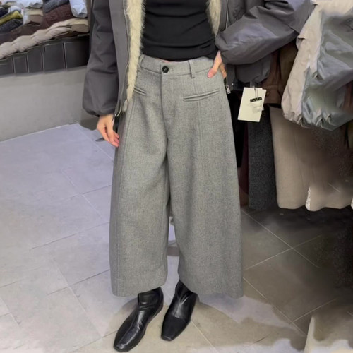 高端定制浅灰色大码毛呢阔腿裤女
