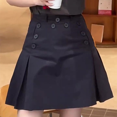藏蓝色排扣设计小众百搭百褶裙