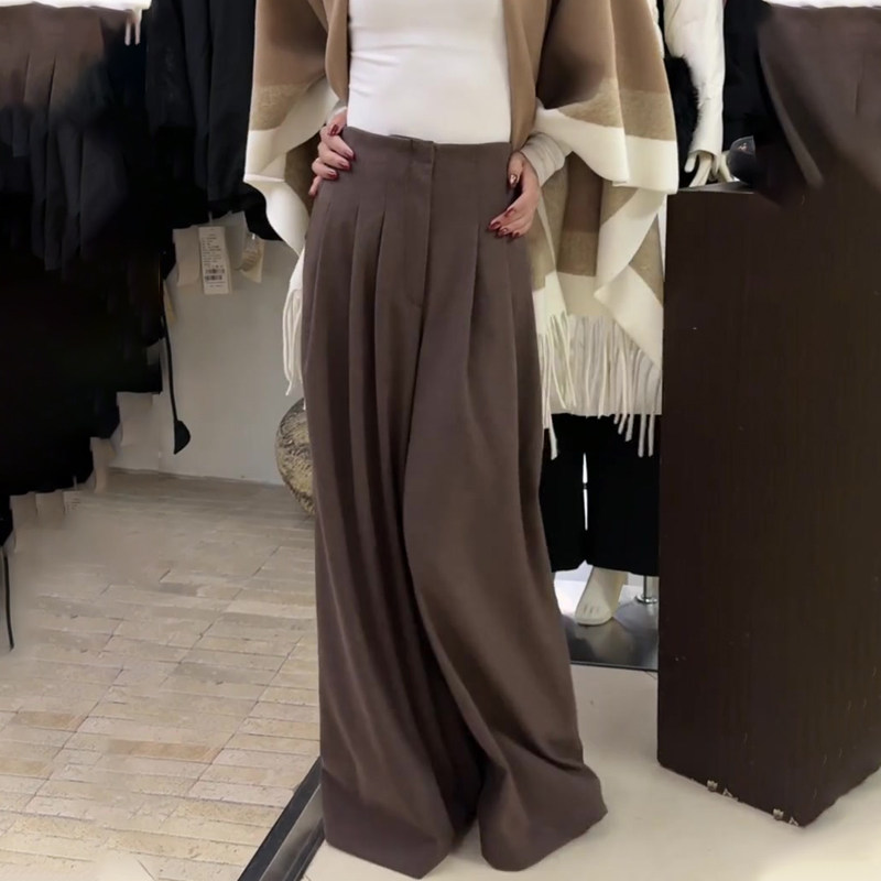 欧货高端定制棕色大码阔腿西装裤女2025冬季新款加厚垂顺感休闲裤,女装/女士精品,大码裤装,淘宝优惠券,粉丝福利购,淘宝优惠卷