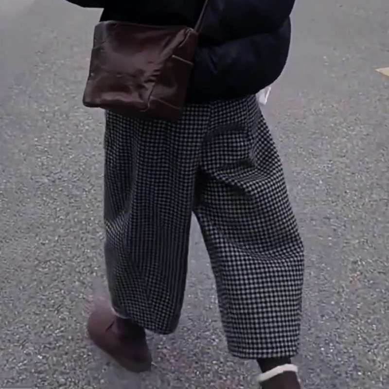 高端定制灰色毛呢大码格子阔腿裤