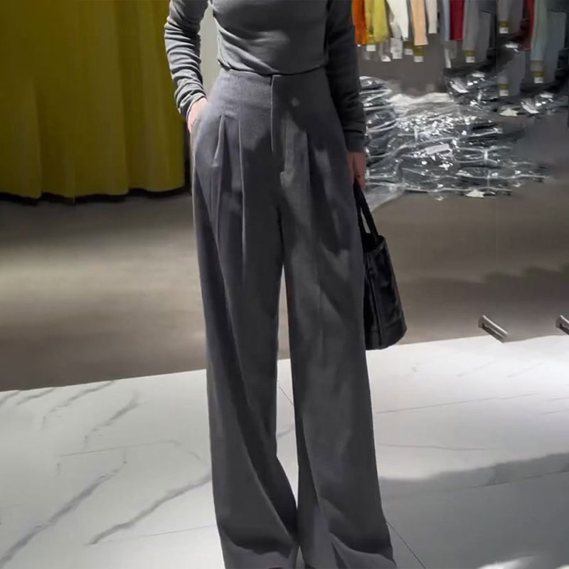 欧货高端定制灰色毛呢大码阔腿西装裤女2025秋冬新款加厚休闲裤子