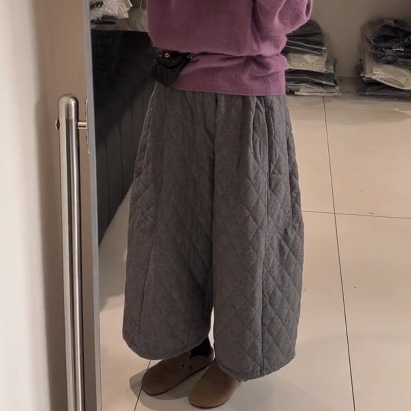欧货高端定制灰色菱格大码阔腿裤