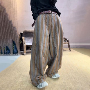加厚松弛感休闲裤 欧货高端定制条纹棉麻大码 新款 女2025冬季 阔腿裤