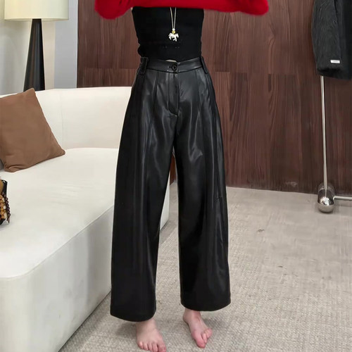 欧货高端定制黑色大码阔腿pu皮裤