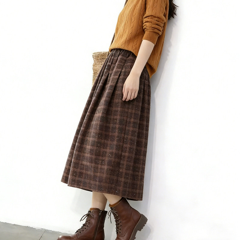 欧货高端定制红棕色毛呢大码半身裙女2026早春新款格纹减龄A字裙,女装/女士精品,大码半身裙,淘宝优惠券,粉丝福利购,淘宝优惠卷