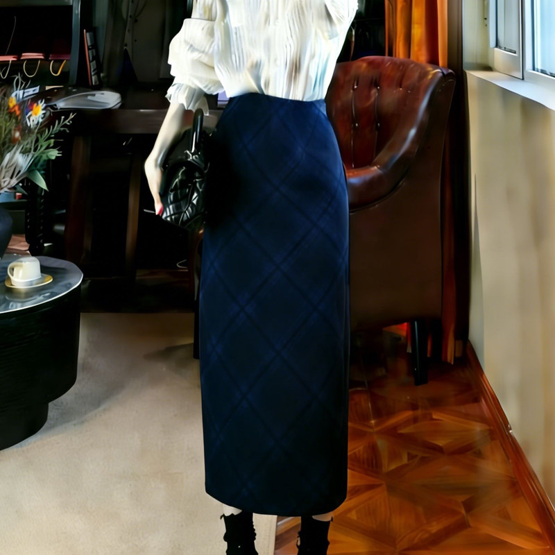 高端定制深蓝色格纹大码半身裙女