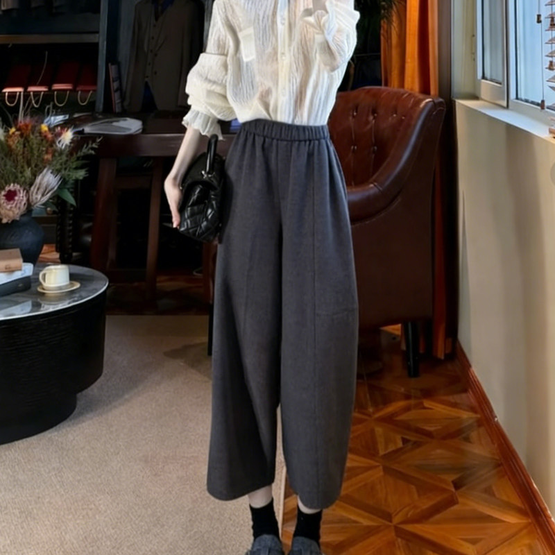 欧货高端定制灰色毛呢大码阔腿裤女2025冬季新款加厚慵懒风镰刀裤,女装/女士精品,大码裤装,淘宝优惠券,粉丝福利购,淘宝优惠卷