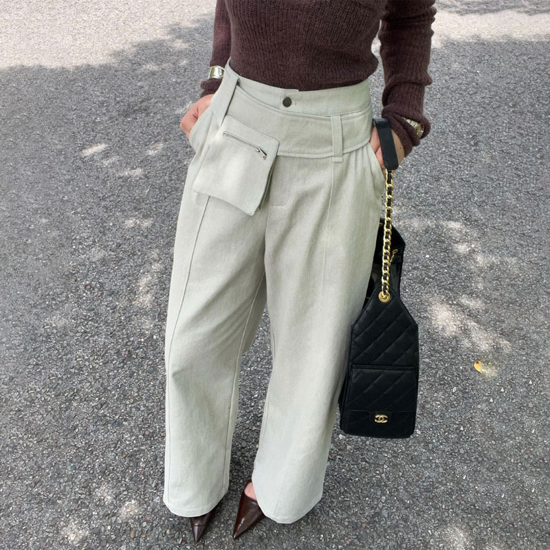 高端老钱风灰绿色大码阔腿裤女